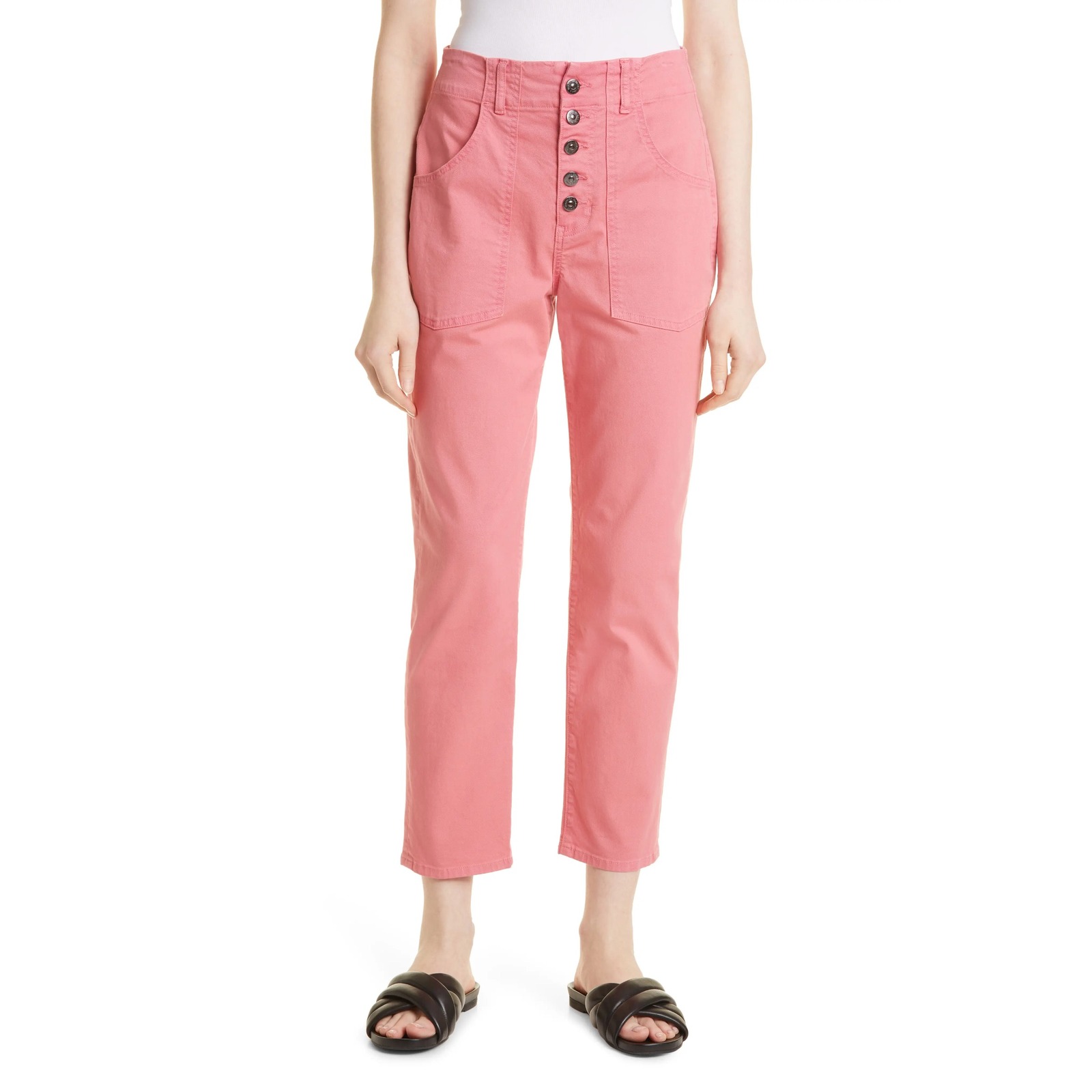 Veronica Beard Arya Straight High Rise Jeans Size 30 Exposed Button Crop Pink